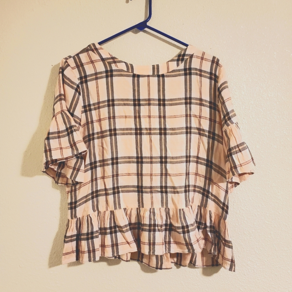 FINAL PRICE: Melrose and Market Plaid Ruffle Hem Bell Sleeve Back Tie Top